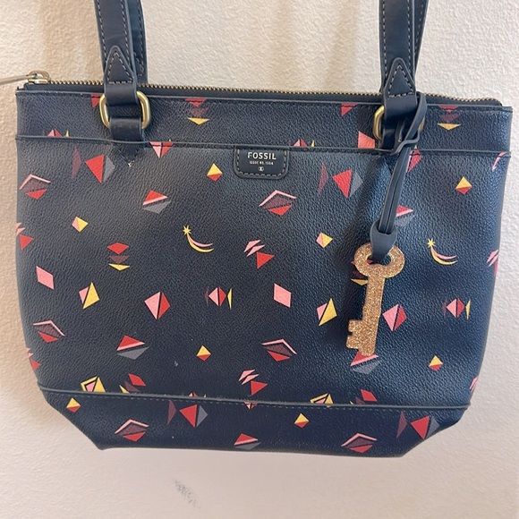 Fossil Coated Small Gift Print Shopper Purse Double Handles Zipper Closure - Picture 3 of 16